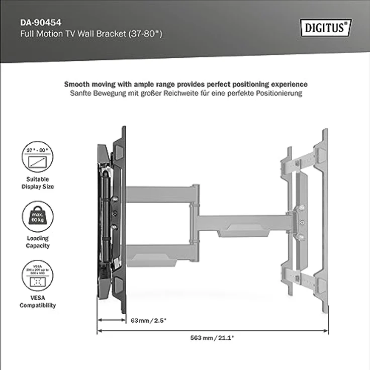 DIGITUS Full-Motion TV-Wandhalterung 37-80", 60 kg Belastung max., VESA 200x100 bis 600x400 – Bild 3