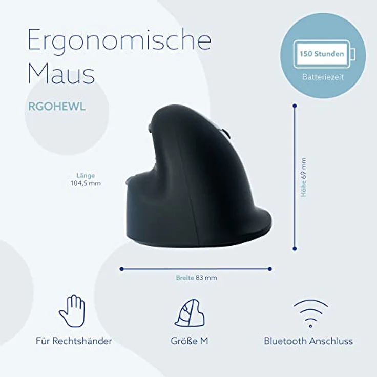 R-Go HE Ergonomische Maus, Bluetooth 5.0, Silent funkmaus, Kompatibel mit Anti-RSI-Software, Vorbeugung Mausarm, Wiederaufladbare kabellose vertikale Maus für Windows/Mac/Linux, 5 Tasten, Schwarz – Bild 2