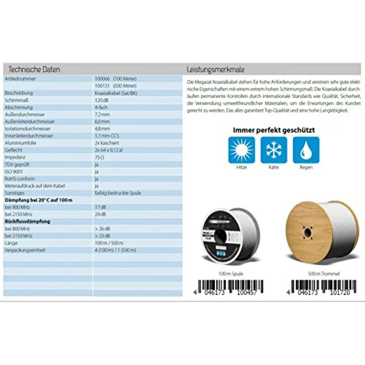 Megasat Koax 120dB Kabel 100m, Antennenkabel mit 75 Ohm Impedanz, Kupferleiter, weiß – Bild 3