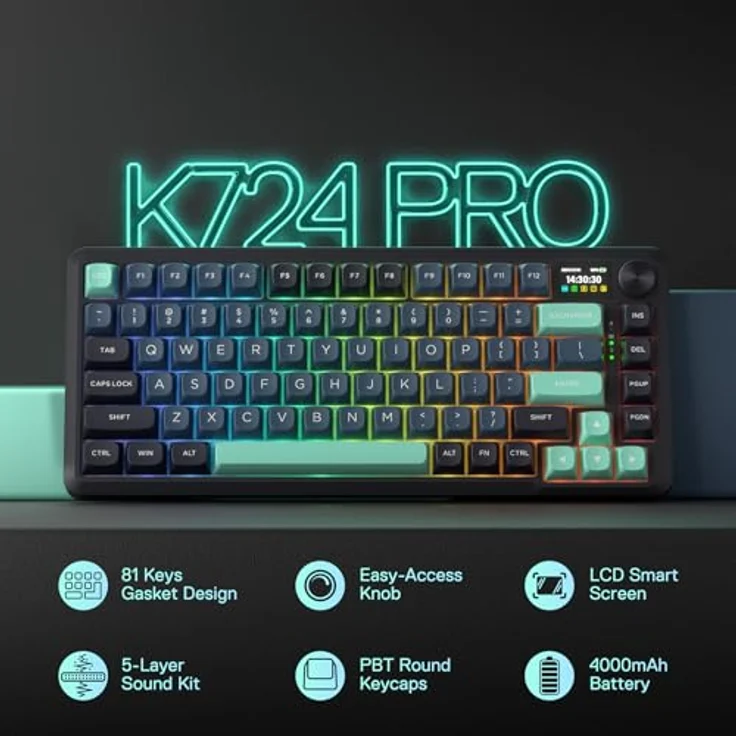 Redragon K724 PRO, kabellose Gasket Gaming-Tastatur mit 1,14’’ TFT-Info-Display, 5-lagiger Geräuschdämpfung und linearen Switches, QWERTY-Layout – Bild 2