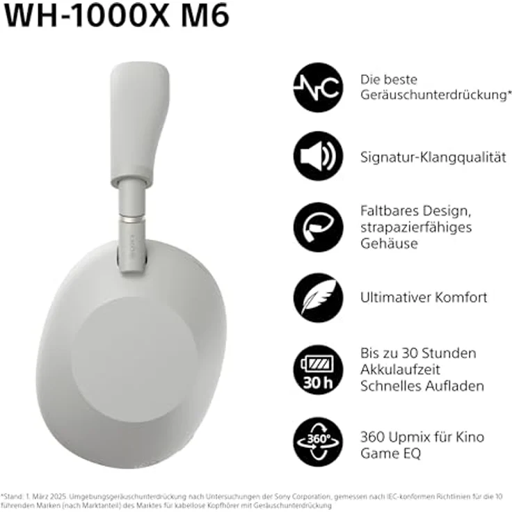 Sony WH-1000XM6, Flagship Noise Cancelling Over-Ear Wireless Kopfhörer, Signature Hi-Res Sound, faltbares Design, 30 Std Akku, Silber – Bild 2