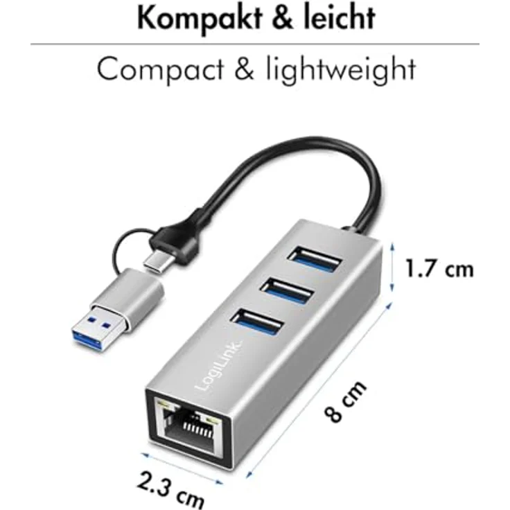 LogiLink USB3.2 Hub UA0440, 4-Port Konverter mit Gigabit Ethernet und Aluminiumgehäuse, silber – Bild 4