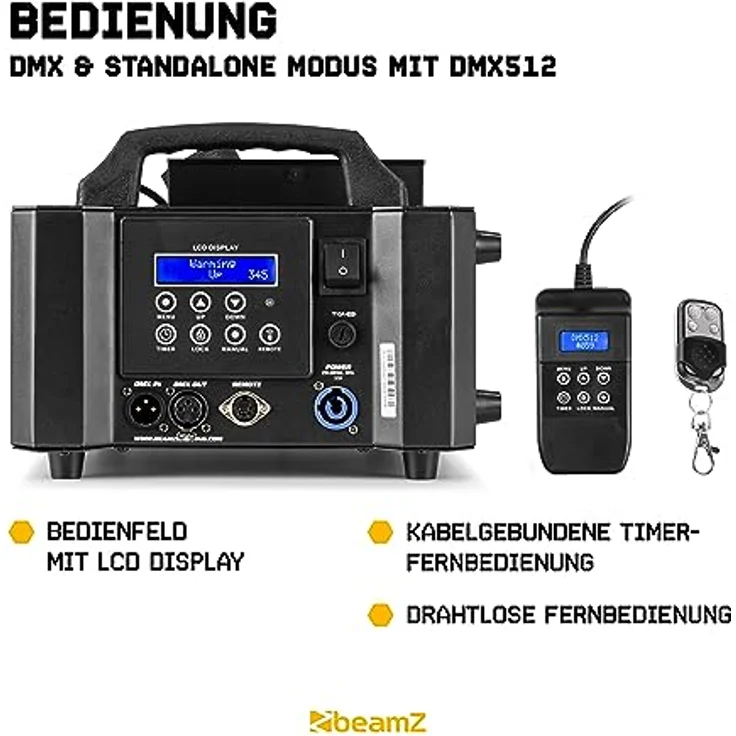 BeamZ Blaze800, Nebelmaschine mit 800 Watt, 12x 4-in-1 RGB-LEDs, LCD-Display und Timerfunktion, horizontal und vertikal verwendbar – Bild 4