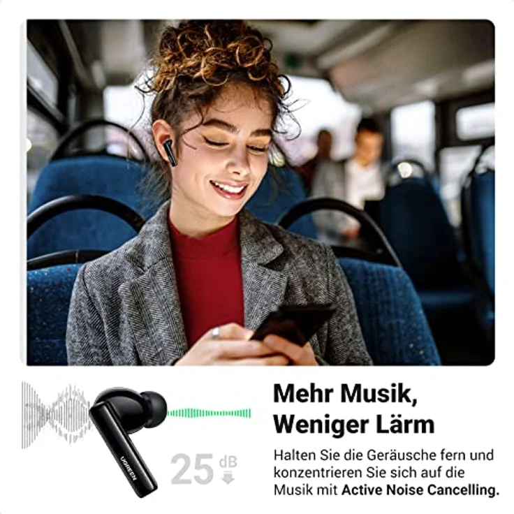 UGREEN HiTune T3 Bluetooth Kopfhörer In Ear, kopfhörer kabellos mit 10mm-Treiber, aktive Geräuschunterdrückung, tiefer Bass, Bluetooth 5.2, 24 Std. Spielzeit, KI-Anruf Rauschunterdrückung, Schwarz – Bild 3