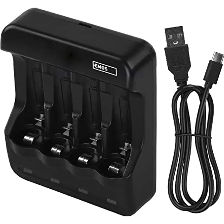 EMOS Akku-Ladegerät für 4 Zellen, 300 mA, universales NiMH, NiCd Batterieladegerät für 1-4x AAA, AA, USB/Micro-USB Kabel 60 cm, LED-Anzeige, Akkuschutz, Sicherheitsfunktionen, Schwarz, N9321