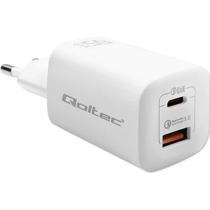 Qoltec 50765 Ladegerät, 65 W USB Type-A, kompakt und sicher, weiß, für Mobilgeräte und Laptops