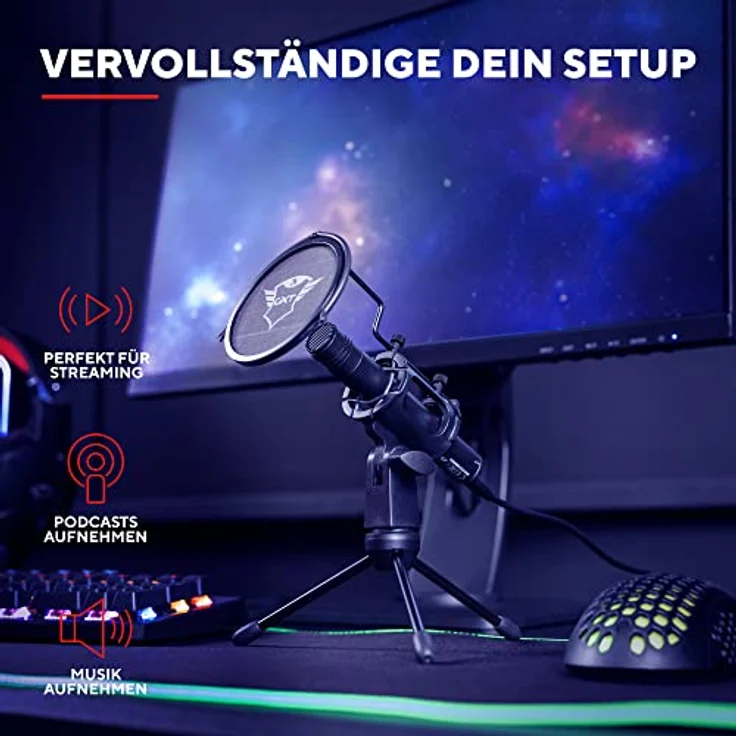 Trust Gaming GXT 241 Velica PC Mikrofon für Streaming mit Dreibeinstativ und Popfilter, Nierencharakteristik, USB Mikrofon für Podcast, Stream, ASMR, YouTube, Aufnahmen, Computer, Laptop – Schwarz – Bild 2