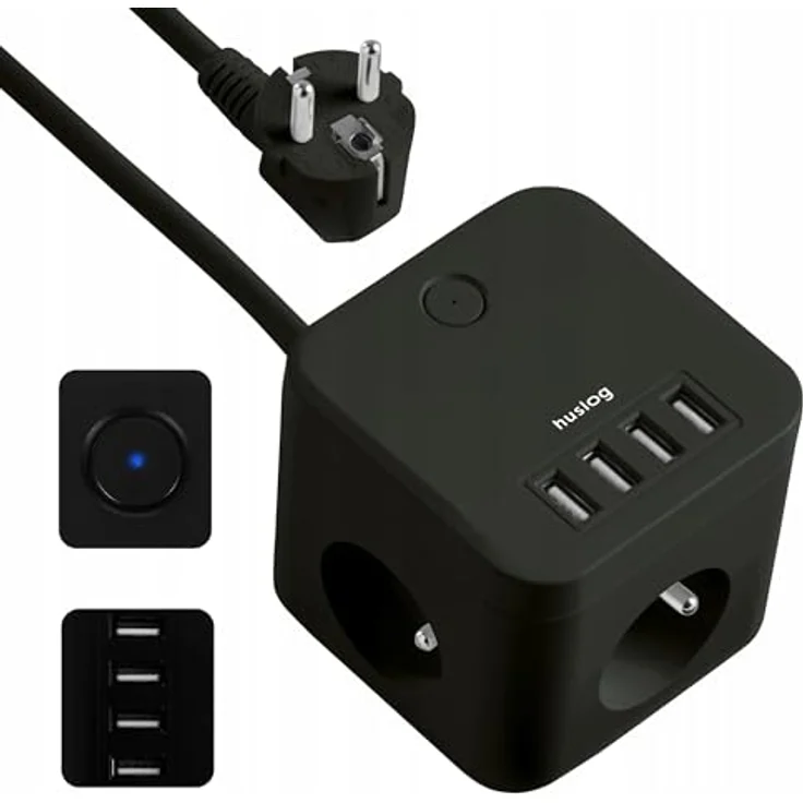 Huslog Mehrfach-Steckdosenleiste mit 4 USB-Anschlüssen, 3 Steckdosen, 1,5 m Kabel, kompakt, schwarz – Bild 1