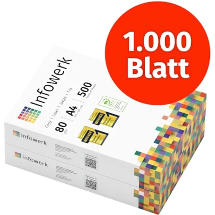 Infowerk Druckerpapier Kopierpapier 1000 Blatt 2 x 500 A4 80g Premium Weiß Testsieger PEFC – Bild 2