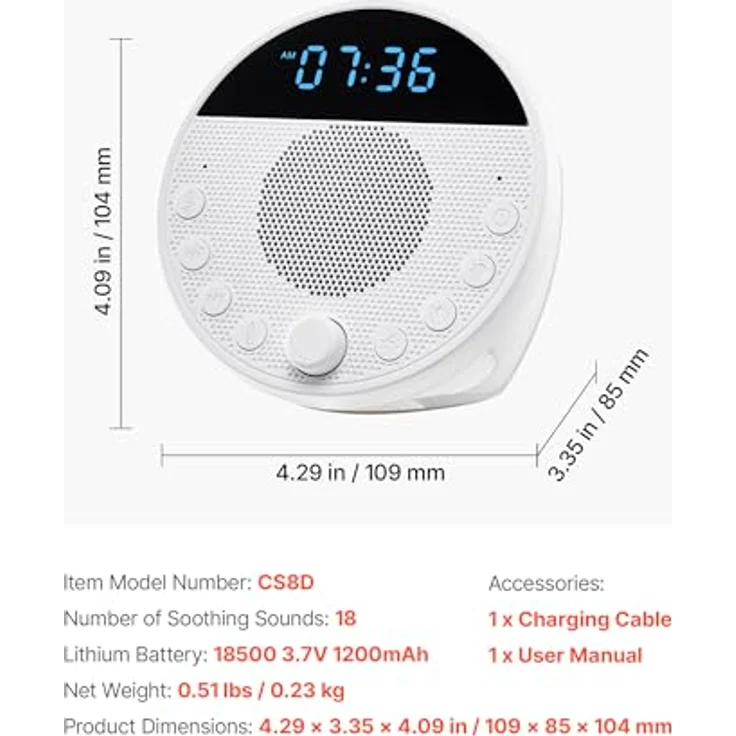 VEVOR Einschlafhilfe White Noise Machine, 18 Musiktitel, 7-farbiges Nachtlicht, 6-in-1-Soundmaschine mit zwei Alarmen, APP und automatischem Abschalttimer – Bild 7