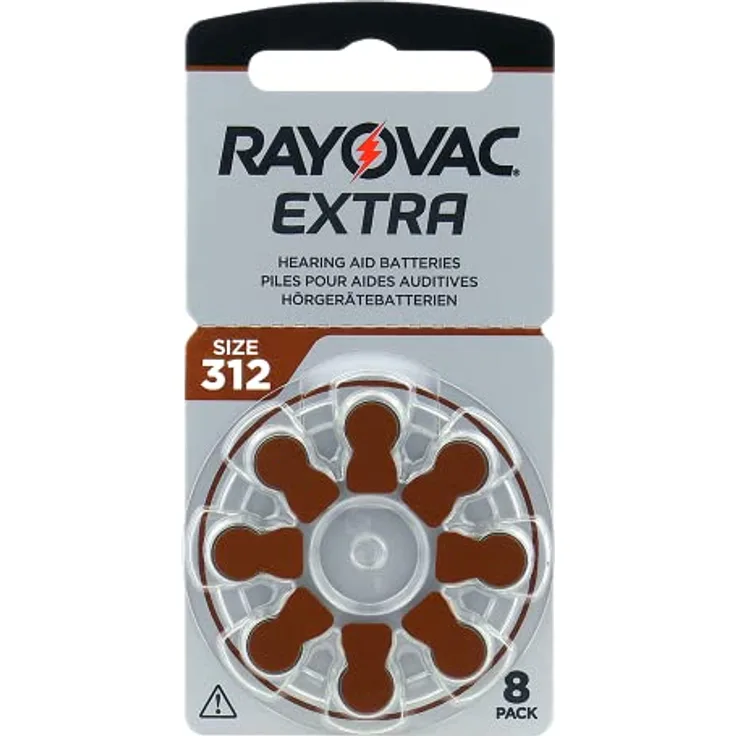 Rayovac Extra 312, 8 Stück, Hörgerätebatterien, hohe Leistung, Zink-Luft-Batterien, 1 Blisterkarte, braun, 312AUX-8XEMF