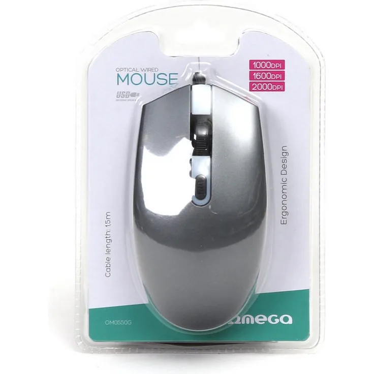 Omega OM0550G, Kabelgebundene USB-Maus mit 3 DPI-Stufen bis 2000 DPI und 4 Tasten, grau