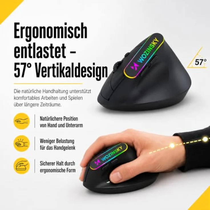 Wozinsky WMG-1164 Gaming-Maus, kabellos mit 2,4 GHz & Bluetooth 5.0, ergonomisches 57° Vertikaldesign, 3600 DPI, RGB-Beleuchtung, schwarz – Bild 7