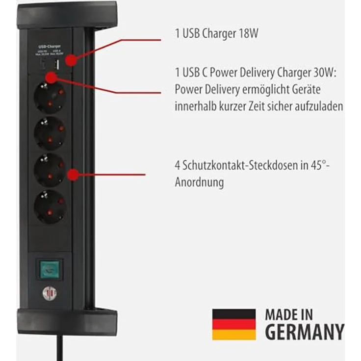 Brennenstuhl Premium Office-Line Steckdosenleiste 4-Fach mit USB C PD 30W und USB A 18W (Made in Germany, Mehrfachsteckdose mit 1,8m Kabel und Schalter, Steckerleiste für den Schreibtisch) in schwarz – Bild 2