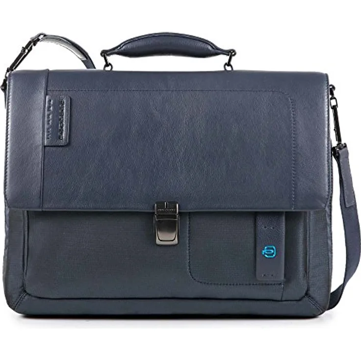 Piquadro P16 Aktentasche mit Klappe und Erweiterung, aus Leder und Stoff, in eleganter mattschwarzer Farbe