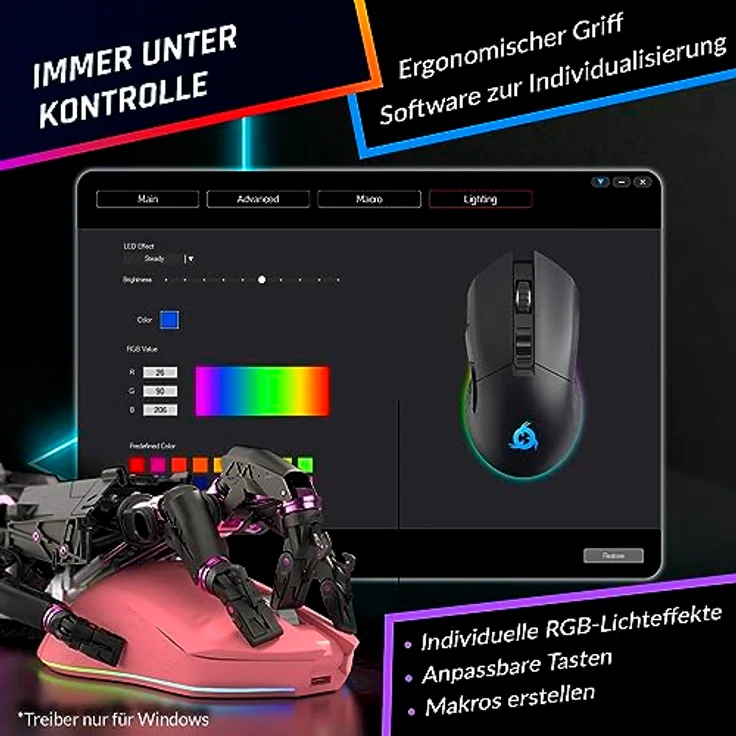 KLIM Blaze, Wiederaufladbare kabellose RGB Gaming Maus mit hochpräzisem Sensor, bis zu 10000 DPI, Ergonomisches Design, Kabel- und Funkmodus, Rosa – Bild 5