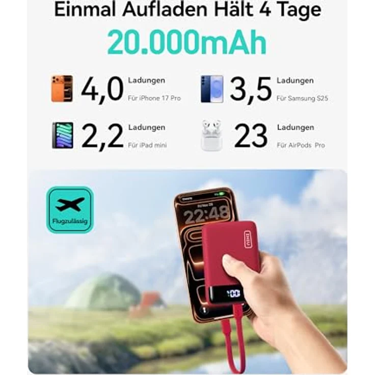 INIU Power Bank 20000mAh, Ultra Klein mit 22.5W Schnellladefunktion, USB-C In&Out, Externes Akkupack für iPhone 17/16/15 Pro, Samsung S25/S24, iPad, Rot – Bild 2