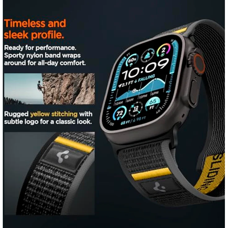 Spigen Athlex Air Armband für Apple Watch Ultra 2/1 49mm, Serie 10 46mm, 9/8/7 45mm, SE2/SE/6/5/4 44mm, 3/2/1 42mm - Hochwertiges Stoffarmband mit sicherem Klettverschluss, Actives Schwarz – Bild 5