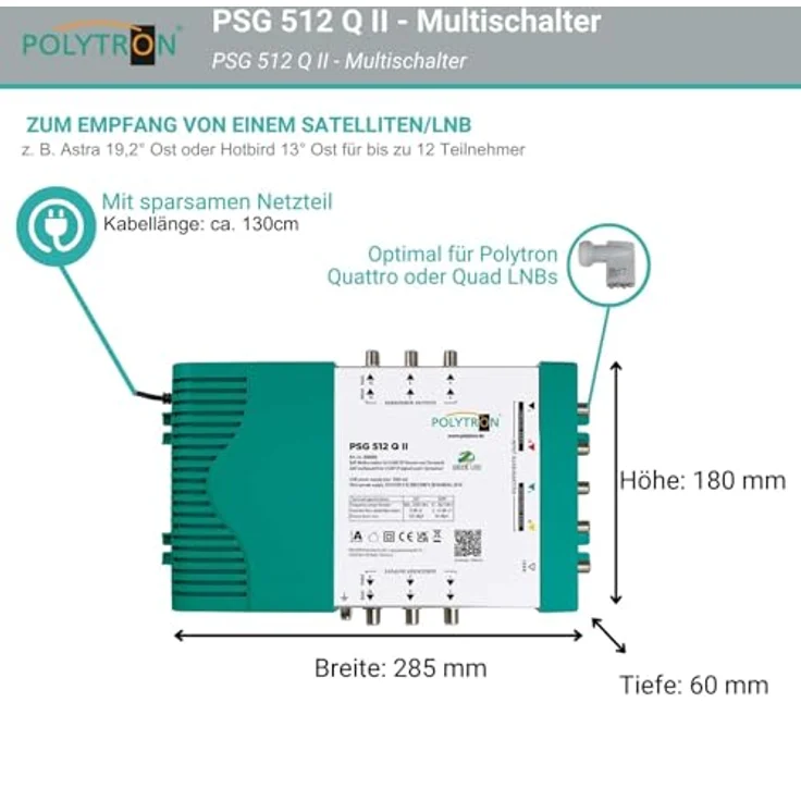 Polytron PSG 512 Q II, Multischalter für 1 Satellit und bis zu 12 Teilnehmer, 4 SAT und 1 terrestrischer Eingang – Bild 5