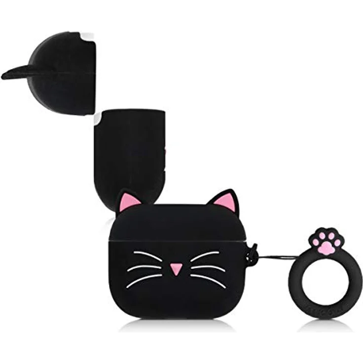 kwmobile Silikon Hülle für Apple AirPods Pro - Schutzhülle mit Katzenmotiv, schwarz-weiß, rutschfest und reißfest – Bild 4