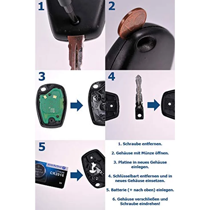 mt-key Auto Schlüssel Ersatz Gehäuse für Renault Twingo II, Clio III, Kangoo II, Wind, 2 Tasten mit VARTA CR2016 Knopfzelle (3V) – Bild 3