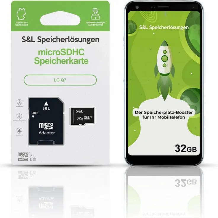 Tec-Expert microSD Karte S&L für LG Q7, 32 GB, Class 10, microSDHC, wasserdicht und stoßfest