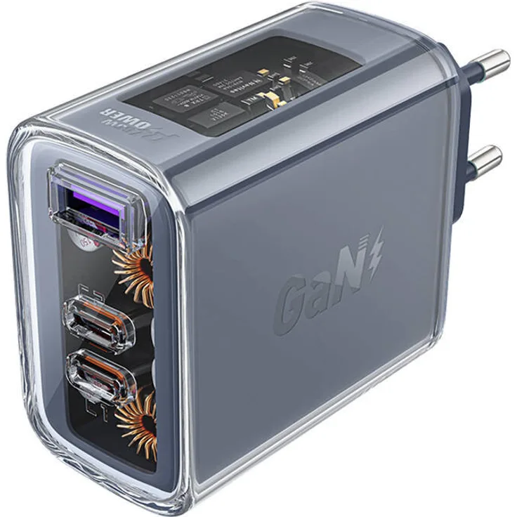 Acefast GaN Ladegerät 65W, 3 Ports (1x USB, 2x USB-C), Grau (A45) - Leistungsstarkes und effizientes Ladegerät mit fortschrittlicher GaN-Technologie