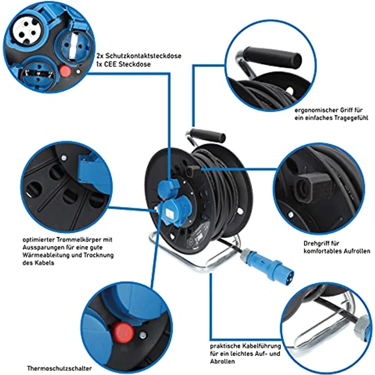 KALLE DAS KABEL CEE-Campingkabeltrommel KTG H07RN-F 3G 2,5mm² 25m, IP44, Made in Niedersachsen, blau – Bild 3