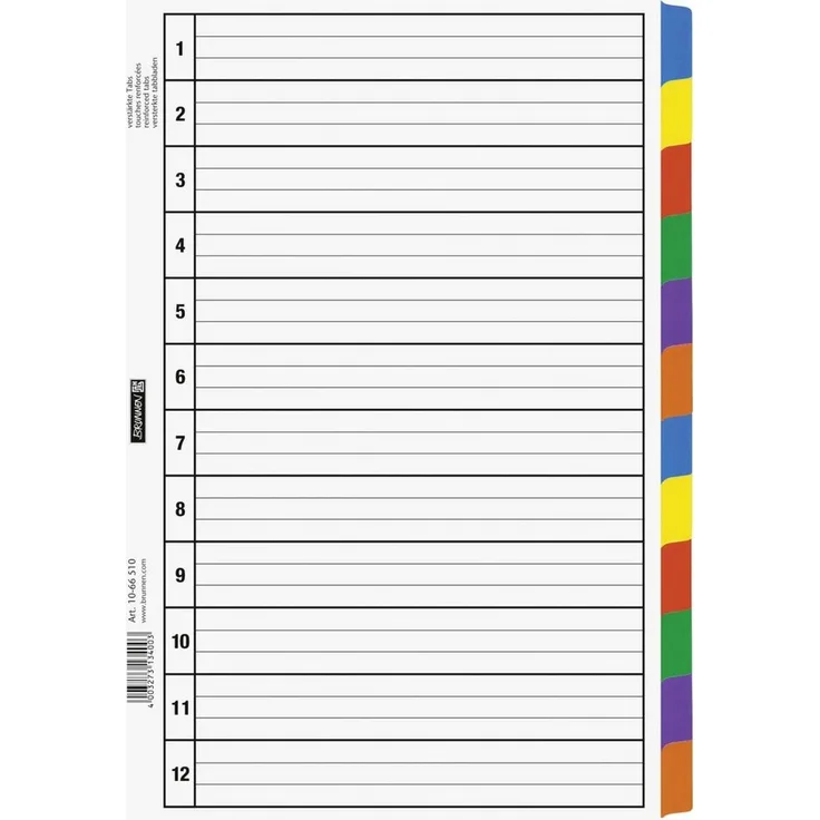 Brunnen Verlag Aktenordner, Ringbuchregister, 12-teilig, 6 Farben, blanko, folienverstärkte Tabs