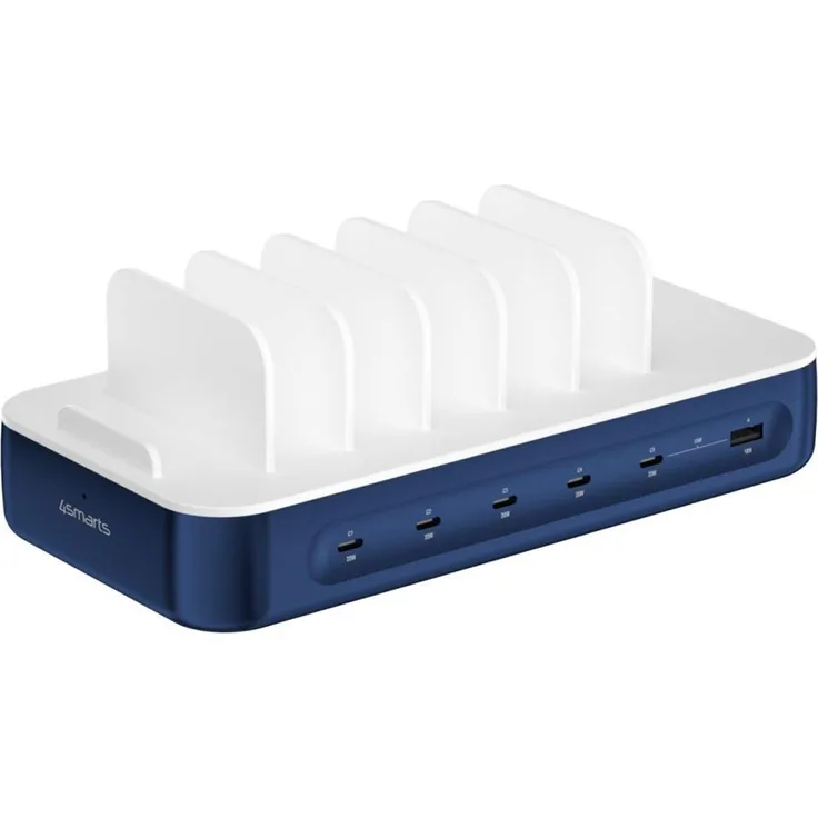 4smarts Ladestation Team 100W 5C/1A, 6-fach USB-Ladegerät mit Wireless Charger und 6 Kabeln, Blau
