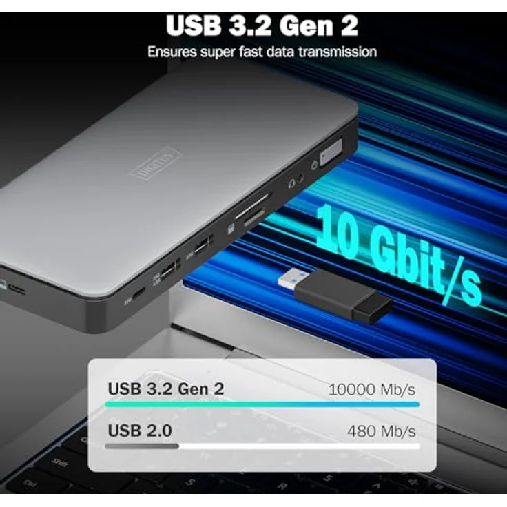 DIGITUS USB-C Docking Station - 11-Ports - 2X HDMI, 1x Displayport UltraHD 4k/60Hz - 2X USB-A 3.2 Gen2, 1x USB-C 3.2 Gen2-1x RJ45 - Dual Kartenleser - 1x 3,5mm Audio - Grau – Bild 4