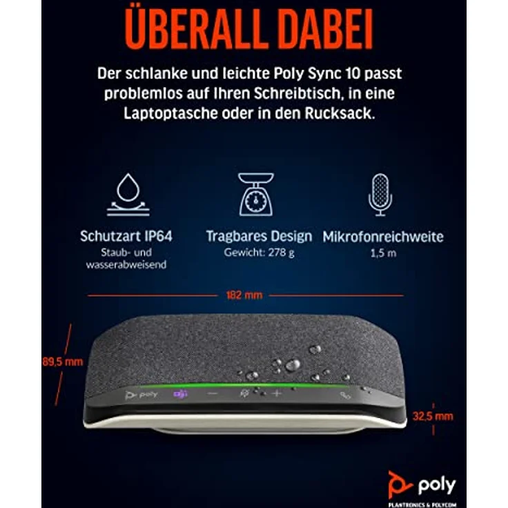 Poly Sync 10 USB-Konferenzlautsprecher – tragbarer 2-in-1-Lautsprecher für Audio-/Videokonferenzschaltungen und Musik – USB-betrieben – Zertifiziert für Teams, Zoom und Google – duales Mikrofon – Bild 4