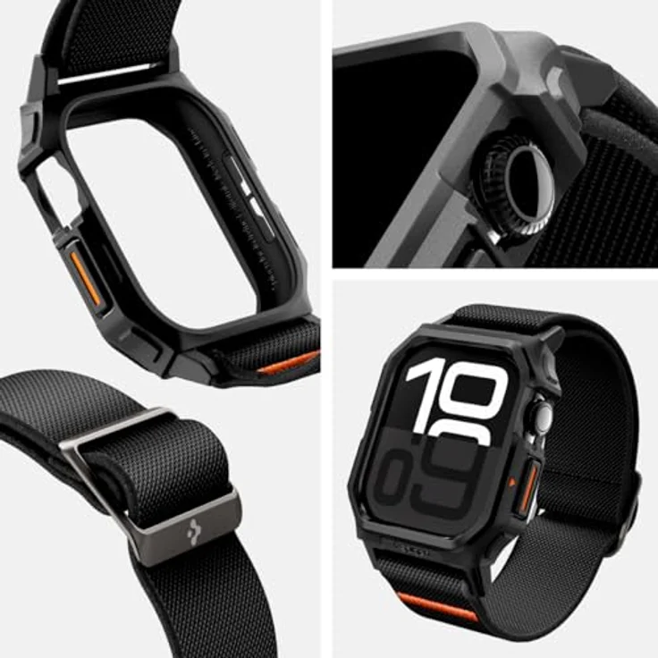 Spigen Lite Fit Pro Hülle mit Armband für Apple Watch 10 46mm (2024) - Matt Schwarz, verstärktes TPU-Gehäuse, sportliches Armband, orangefarbene Akzente – Bild 3