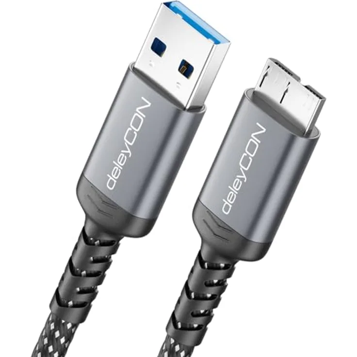 deleyCON 3,0m USB 3.0 Micro B Kabel 5Gbps - USB A auf Micro B Stecker - Datenkabel für externe Festplatten und Geräte - robustes Nylonkabel mit optimalem Knickschutz