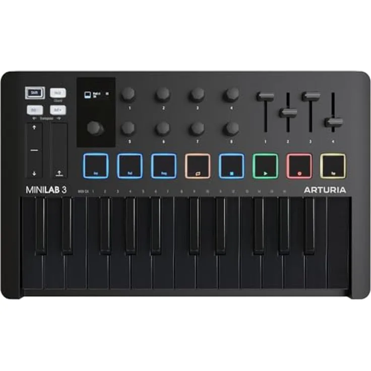 Arturia MiniLab 3 Deep Black, MIDI-Controller mit 25 Tasten, USB-C, Arpeggiator und 8 beleuchteten Pads