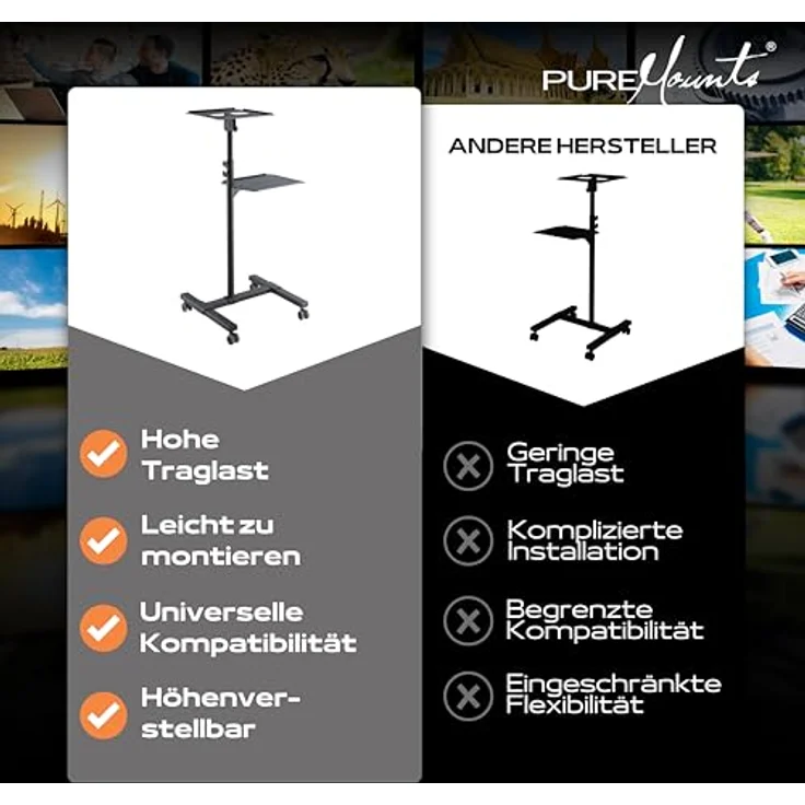 PureMounts PM-PCART-10 - Neigbarer Projektionswagen - Projektionstisch für Beamer und Projektor, flexibel einstellbar (950mm bis 1450mm), feststellbare Rollen, Tragkraft 10kg, Farbe schwarz – Bild 6