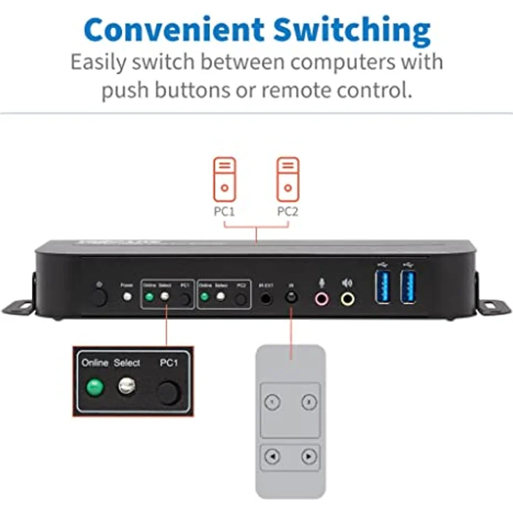 Tripp Lite B005-HUA2-K HDMI/USB KVM-Switch mit 2 Anschlüssen - 4K 60 Hz, HDR, HDCP 2.2, IR, DP 1.4, USB-Freigabe, USB 3.0-Kabel – Bild 5