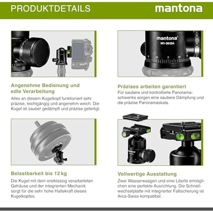 Mantona Onyx 12 Kugelkopf (M1-3612A) Arca-Swiss kompatible Schnellwechselplatte 50 mm, professionelle Verarbeitung für DSLR, spiegellose Kamera, Systemkamera, Digitalkamera, Camcorder schwarz – Bild 3