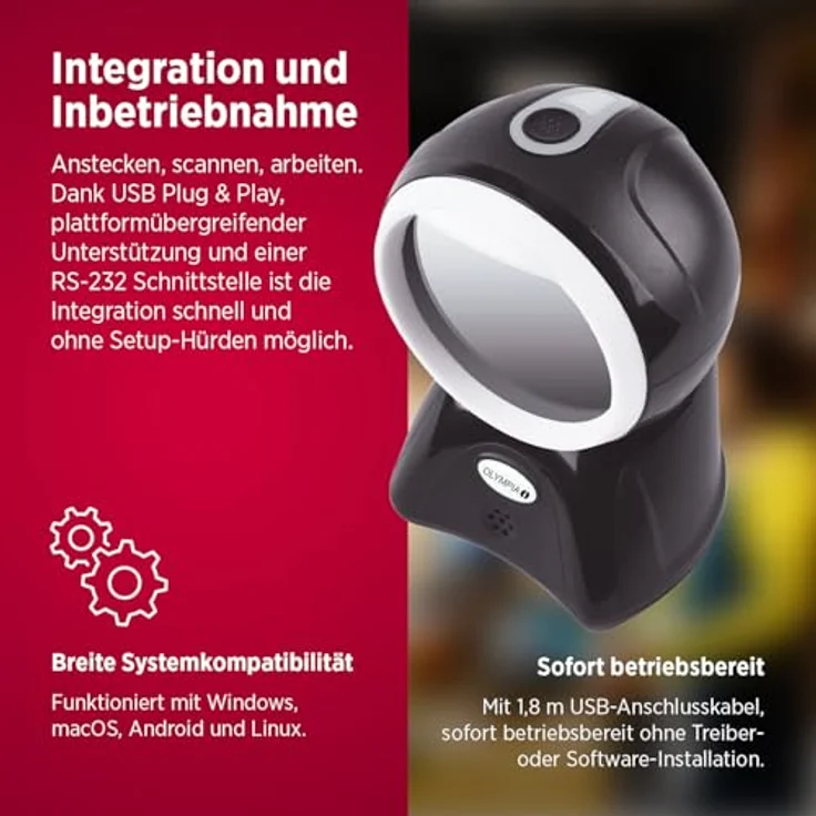 Olympia LS 7100, Omnidirektionaler 2D Standscanner mit automatischem Barcode-Scan, USB & RS232, hochauflösender Sensor für POS, Retail & Lager, robuster Standbetrieb – Bild 4