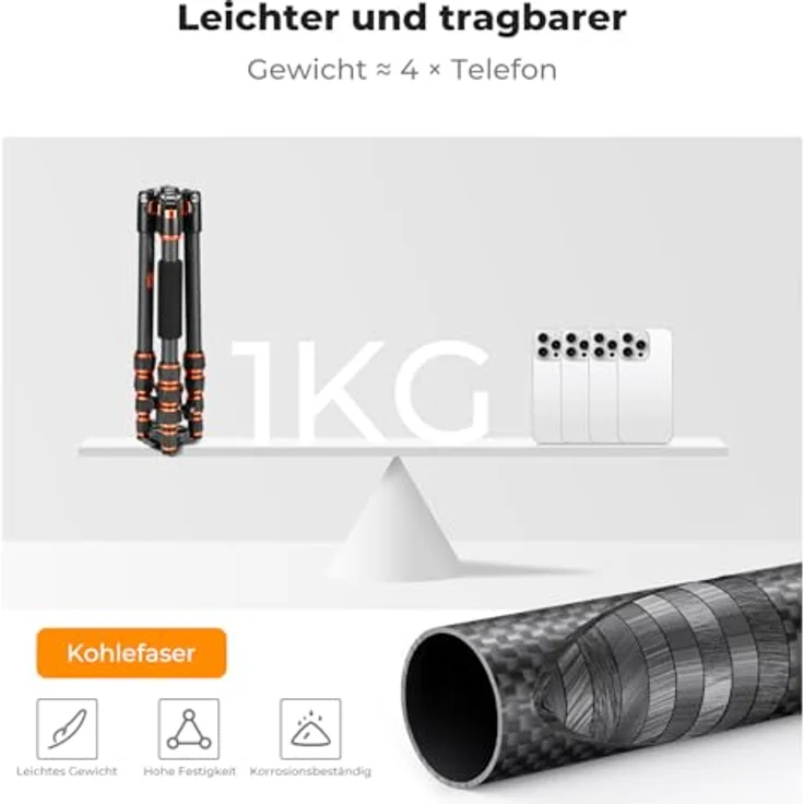 K&F CONCEPT BA255 Carbon Stativ, 152cm leichtes Tripod mit 360° Kugelkopf und 1/4" Gewinde, inkl. Tragtasche für DSLR Kameras, flexibel und einbeinstativfähig – Bild 3