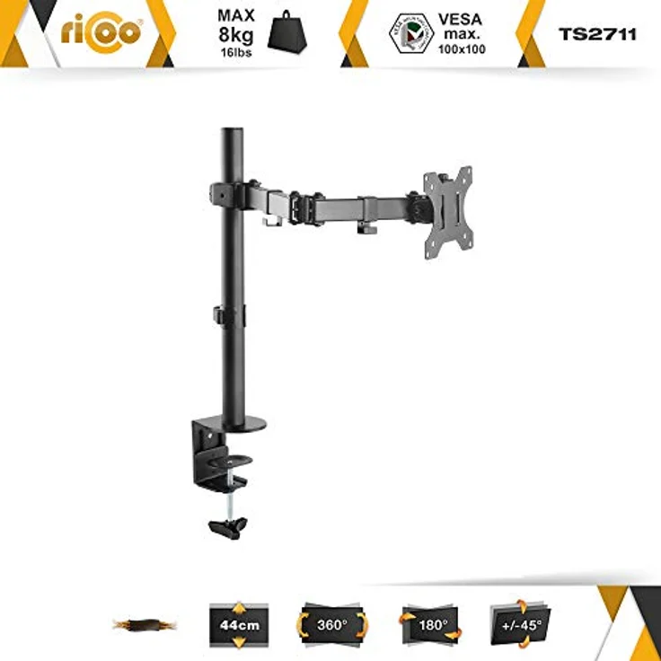 RICOO Monitor Halterung Tisch, VESA Tischhalterung für 13-30 Zoll, Monitorhalterung 1 Monitor Arm TS2711, Bildschirmhalterung Neigbar Schwenkbar Monitorarm Bildschirm Halterung Halter Monitorhalter – Bild 2