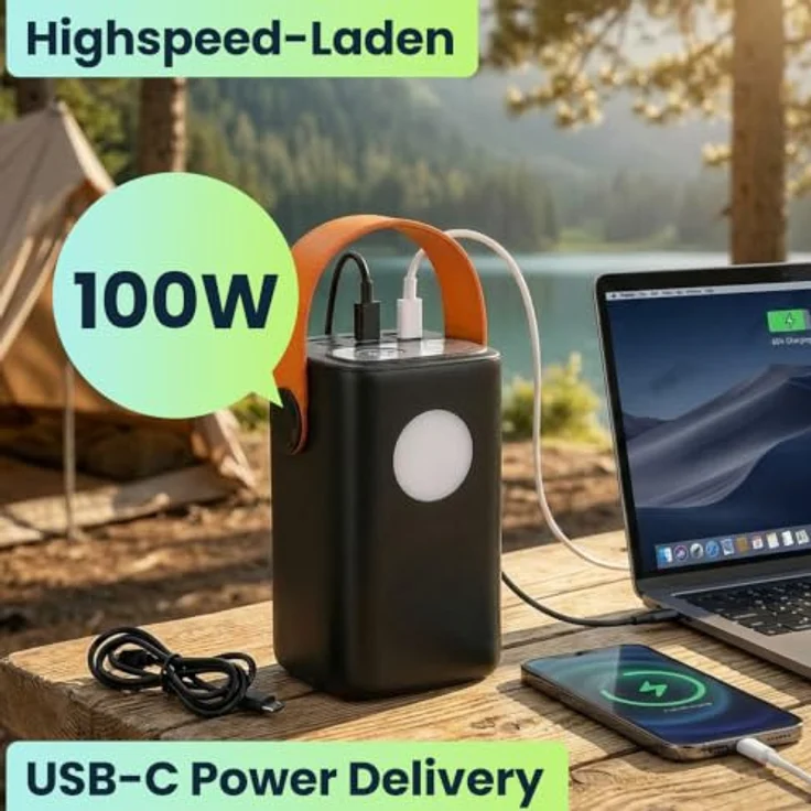 ideoon Powerbank 60000mAh, 100W, USB-C PD Externer Akku mit LED Lampe und Dimmstufen für Laptop, Notebook, Smartphone - Schwarz/Orange – Bild 3