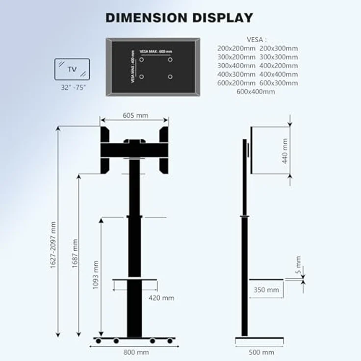 XTRARM Proton 300 mobiler TV Ständer mit Ablage, 37-70 Zoll / 40 kg, VESA-Größen, bis 209 cm Höhe, Schwarz/Silber – Bild 4