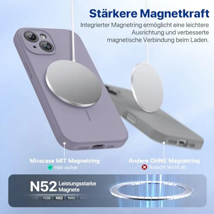 miracase iPhone 15 Hülle mit MagSafe, Flüssigsilikon mit kratzfestem Mikrofaser-Innenfutter, stoßfeste Handyhülle in Lavendel Grau – Bild 4