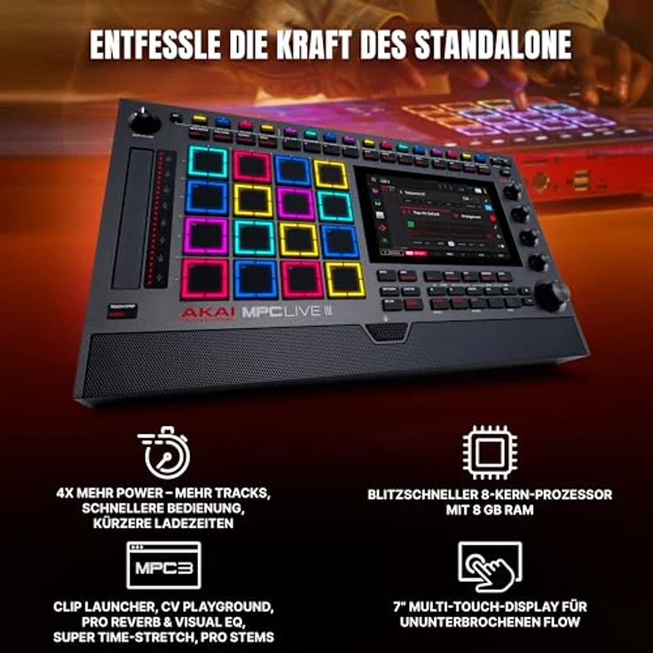 Akai Professional MPC Live III, tragbares Musikproduktions-Center mit 8-Kern-Prozessor, 8 GB RAM, 7" Multi-Touch-Display, integriertem Mikrofon und Stereo-Lautsprechern – Bild 3