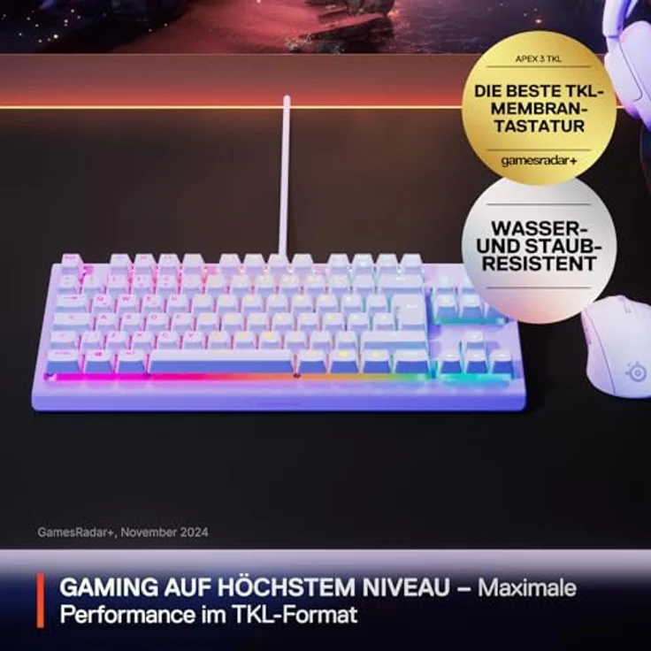 SteelSeries Apex 3 TKL Gaming-Tastatur, kabelgebunden, US QWERTY, RGB mit 8 Zonen, IP32 Wasser- und Staubschutz, Lavendel – Bild 2