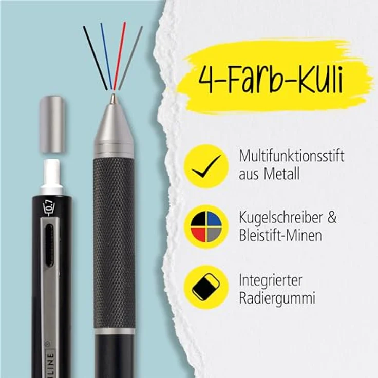 ONLINE Multipen 4-in-1, Multifunktionsstift aus Metall mit 3 Kugelschreiber-Minen in blau, schwarz und rot, Druckbleistift-Mine und Radiergummi, Farbe schwarz – Bild 2