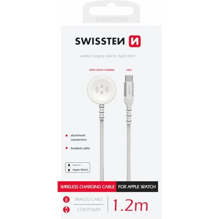 Swissten geflochtenes USB-C-Kabel, 1,2 m, magnetisches Aufladen für Apple Watch, Weiß – Bild 3