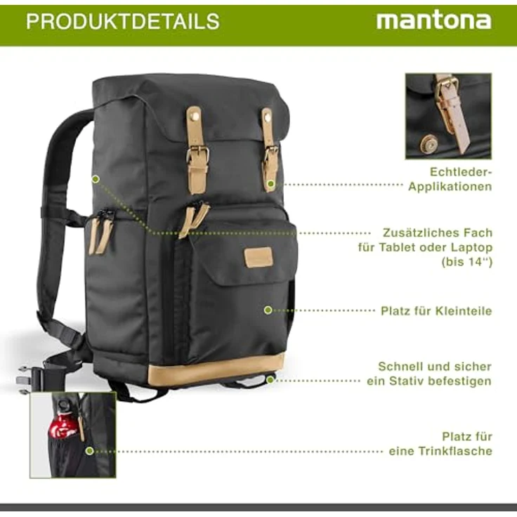 Mantona Luis Retro Fotorucksack (mit Echtleder-Applikationen, inkl. Regenschutzhülle, flexible Einteilung und Laptopfach, geeignet für 1x DSLR-Kamera, 3x Objektive und diverses Fotozubehör) schwarz – Bild 6