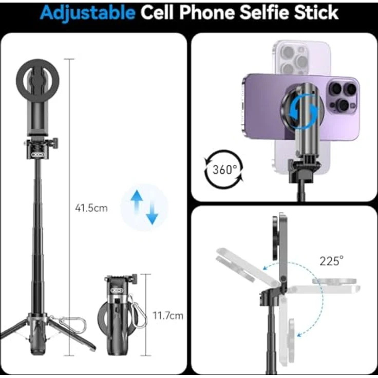 xO SS22, Bluetooth Selfie Stick mit Tripod und magnetischem Halter, kompakt schwarz – Bild 8